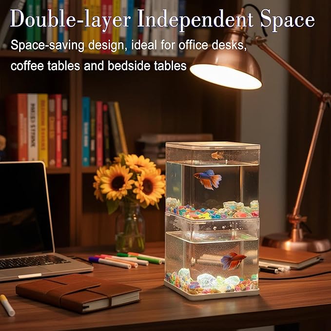 Small Betta Fish Tank, 2-Pack 0.3 Gallon Mini Aquarium with Adjustable Base Light & Gravels & Resin Crystal, Acrylic Fish Bowl for Desk Homes or Offices, Ideal for Beta Fish,Goldfish (White -2 Pack)