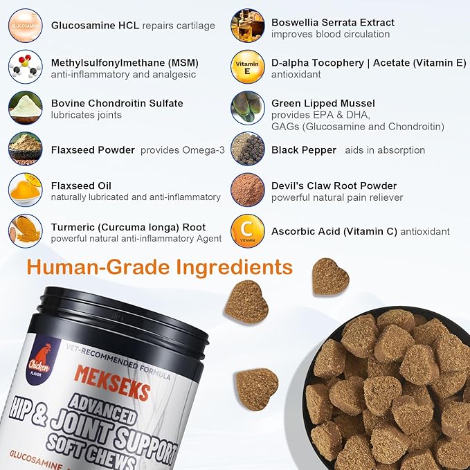 Advanced Dog Hip Joint Health Supplement Chews with Glucosamine for Dogs, + Chondroitin, MSM, Turmeric & Green Lipped Mussel, Support Mobility, Pain Relief for Senior All Breeds Soft Chewable Treats