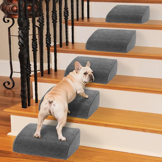 5-Piece Foam Dog Ramp for Indoor Stairs, 40D Dense Non-Slip Pet Ladder with Sticky Pads, Easy Access Solution for Steep Staircase, Small Dogs Cats, Grey