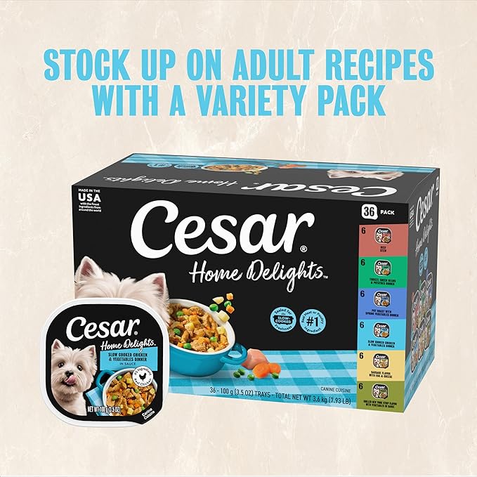 Cesar Home Delights Adult Wet Dog Food, Slow Cooked Chicken & Vegetables Dinner in Sauce and Beef Stew Variety Pack, 3.5 oz. Easy Peel Dog Food Tray, 12 Count (Pack of 2)