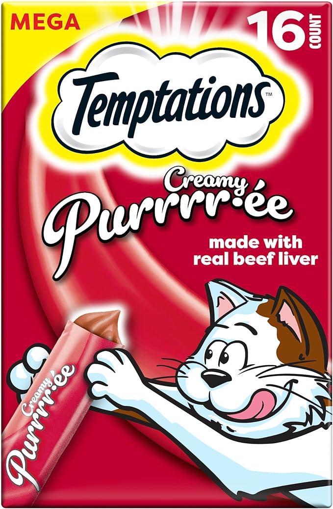 Temptations Creamy Puree Squeezable Lickable Cat Treats, Wet Cat Treats with Beef Liver, 0.42 oz. Tubes, 16 Count