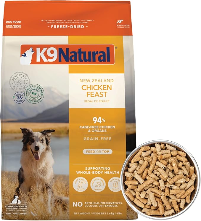 K9 Natural Chicken Freeze Dried Dog Food, High-Meat Natural Complete Meal or Meal Toppers for Dogs, Cage-Free Chicken from New Zealand, Grain-Free, GMO-Free, Complete & Balanced Nutrition, 8lb