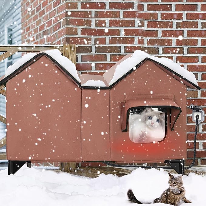 Extra Large Heated Outdoor Cat House Weatherproof, Insulated Outdoor Heated Cat House for Outside with Heater, Elevated Outdoor Feral Cat Shelter for Multiple Cats Small Dogs (Brown, XL)