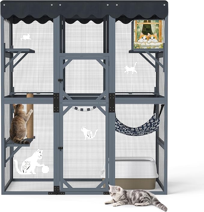COZIWOW 72Inches Large Wood Catio Outdoor Cat Enclosure with Waterproof Roof, Multi-Level Cat House for 2-3 Cats, Spacious Perches, Hammock, and Scratching Post（Grey Fashion Pattern）