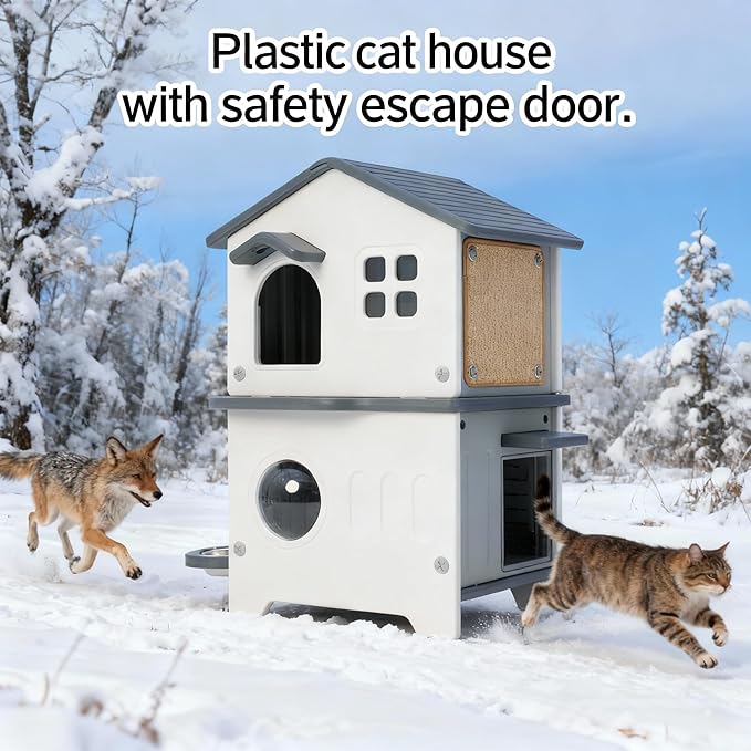 Outdoor Cat House with Insulated Liner, Weatherproof for Feral Multi Cat, 2 Story Plastic Elevated Cat Shelter with Escape Door, Scratching Post, Stainless Steel Bowl, Green 35" D x 15" W x 20" H