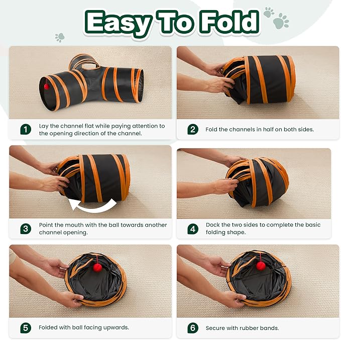 Love’s Cabin Cat Tunnel for Indoor Cats, 3-Way Collapsible Play Tunnel with Teaser Wand, Peek Holes & Toy Ball, Small Pet Toy for Kittens & Rabbits, Black & Orange, Small Size