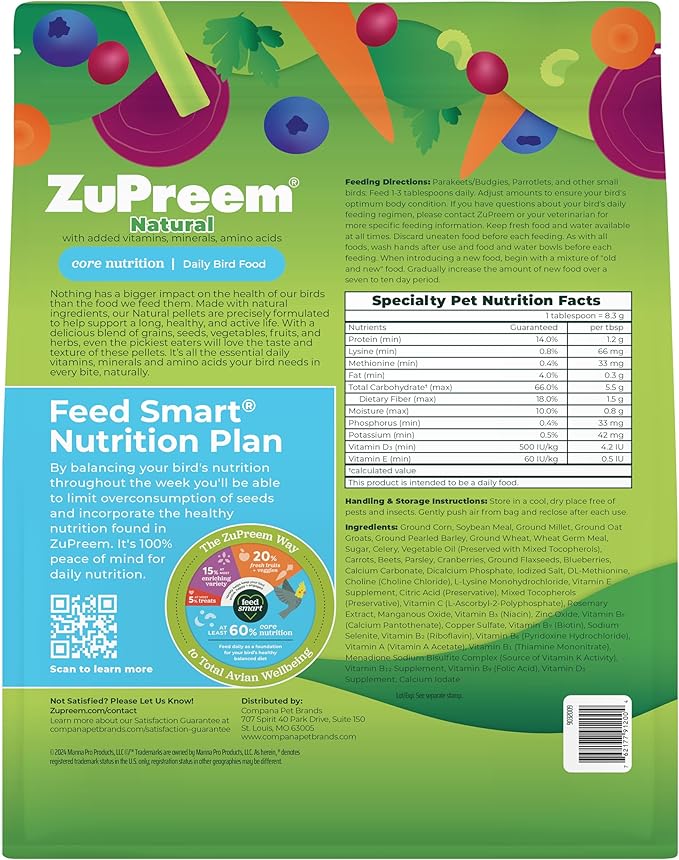 ZuPreem Natural Pellets & Sensible Seed Food for Parakeets, Budgies, Parrotlets, Doves, Nutrient-Rich Blend with Added Vitamins for Small Birds (2.25 lb Pellets & 2 lb Seed, Pack of 2)