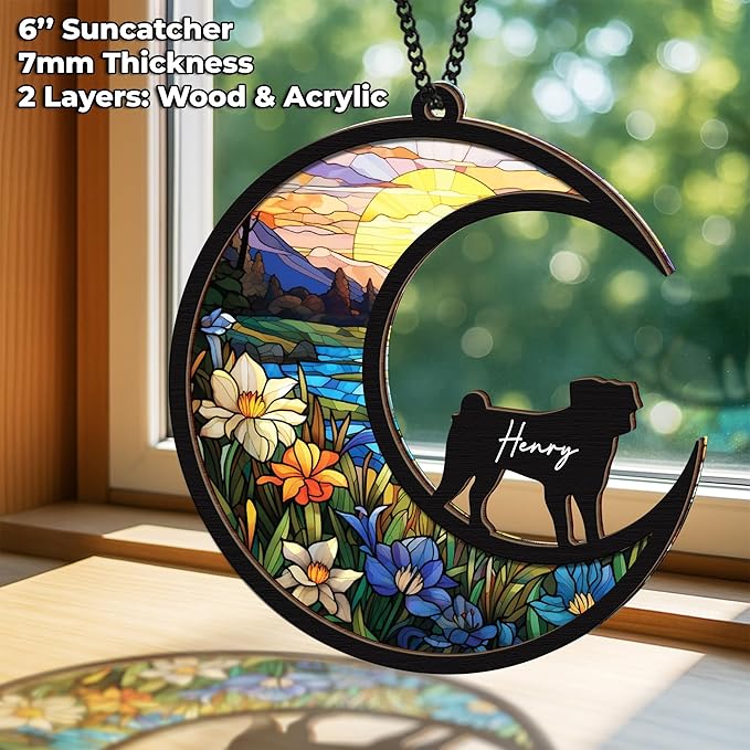 6'' Pug Memorial Suncatcher, Personalized Name Dog Breed, Pet Ornament Window Car Hanging, Sympathy Gift for Loss of Pet, Passed Away Remembrance Gift for Dog Lovers 59-SS1