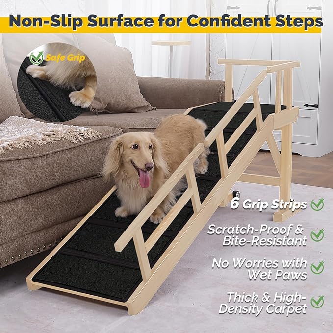 Dog Ramp for Bed or Couch, Wooden Pet Ramp with 20° Gentle Slope, Removable Side Rails, Non-Slip Surface, Top Platform & Wheels, Safe Bed Ramp for Small, Large & Senior Dogs, 60" Long, Natural