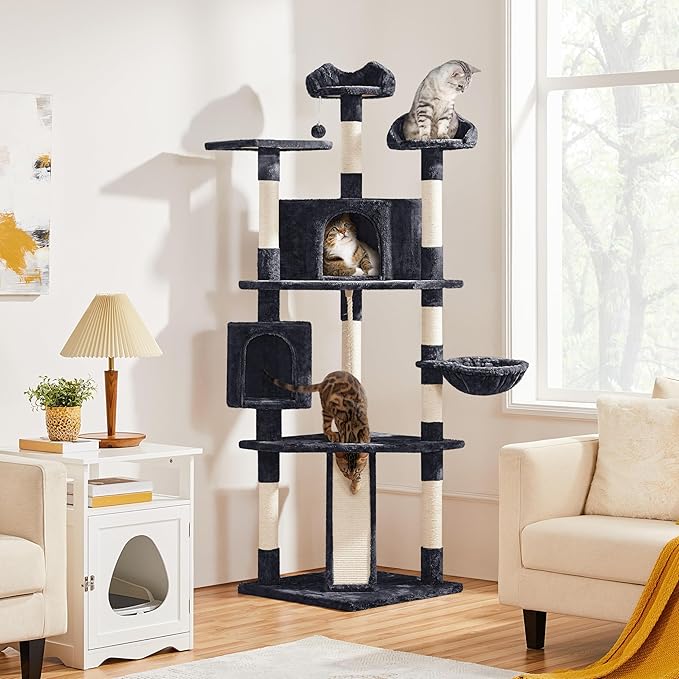 Yaheetech 79 in Cat Tree Tower, Multilevel Cat Trees Plush Covered Cat Tower with 2 Extra Large Condos, Comfy Basket, Sisal Scratching Posts