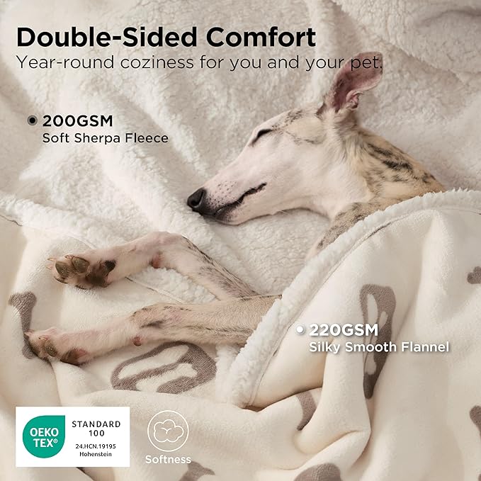 Bedsure Waterproof Dog Blankets for Small Dogs - Soft Print Sherpa Fleece Puppy Cat Blanket Washable, Cozy Plush Reversible Throw Furniture Protector for Pet Kitten Doggy, 25"X35", Beige