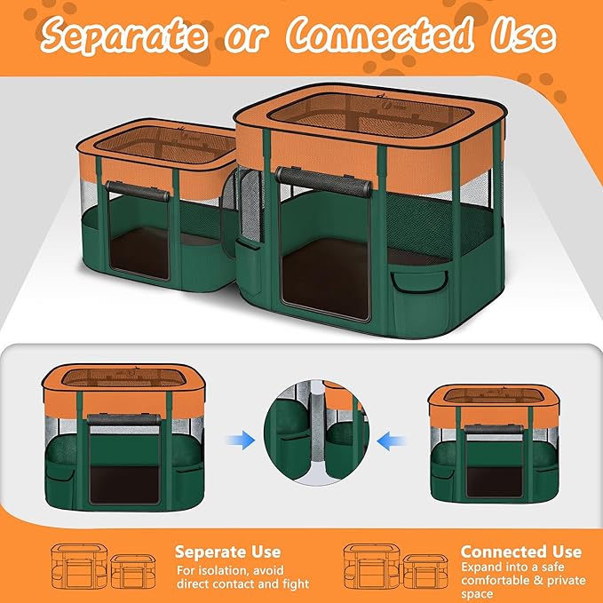 Portable Cat Playpen with Separate Areas, 2-in-1 Puppy Playpen & Cats Cage, Foldable Pet Tent for Indoor and Outdoor Use, Collapsible Tent Kennel Cage House(35.4"x27.6"x27.6", Orange & Green)