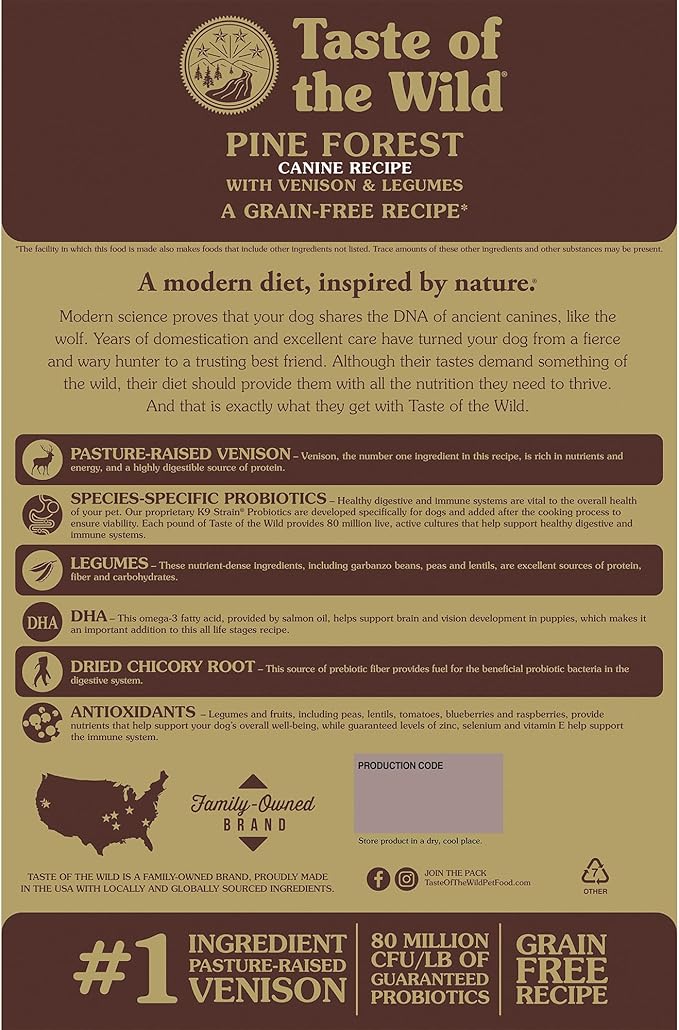 Taste of the Wild Pine Forest Grain-Free Recipe with Roasted Venison Dry Dog Food for All Life Stages, Made with Protein from Real Venison, Superfoods and Guaranteed Nutrients Like Probiotics 5lb
