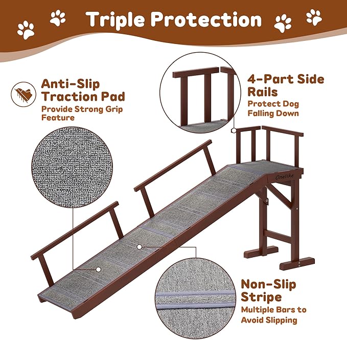 Onelike Wooden Dog Ramp for Bed with Removable Side Rail and Non-Slip Carpet, Stable Pet Ramp Stair for Couch Sofa for Small & Large & Senior Dogs, 74" Long Ramp Brown