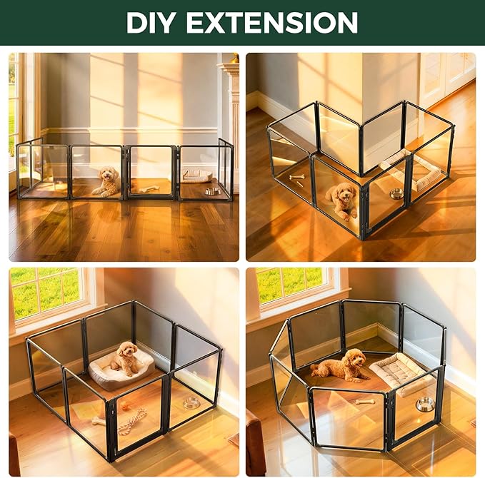 FXW AuraSpace Pro Metal & Acrylic Indoor Dog Playpen, All-Acrylic Clear Heavy-Duty Design, 24" Height 8 Panels for Puppies & Small Dogs, Black│Patented
