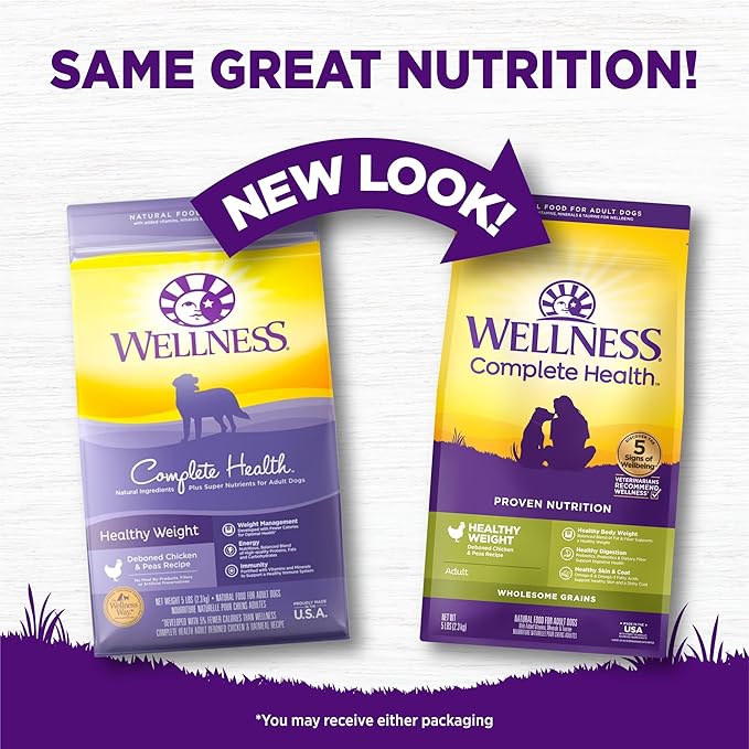 Wellness Complete Health Healthy Weight Adult Dry Dog Food, Wholesome Grain Kibble, Chicken and Peas Recipe, 5 lb Bag