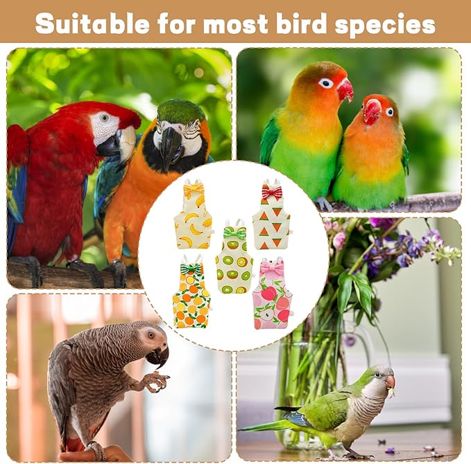 5-Piece Set Bird Diaper, Parrot Diaper, with Peach, Orange, Watermelon, Banana, Kiwi Designs, Comfortable Fit for Small Birds