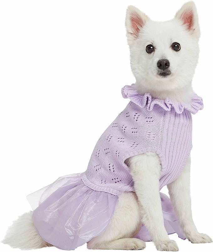Blueberry Pet My Cutie Princess Ruffle Collar Dog Sweater Dress with Layered Tulle, Light Lavender, Back Length 16", Fall Winter Clothes for Girl Dogs