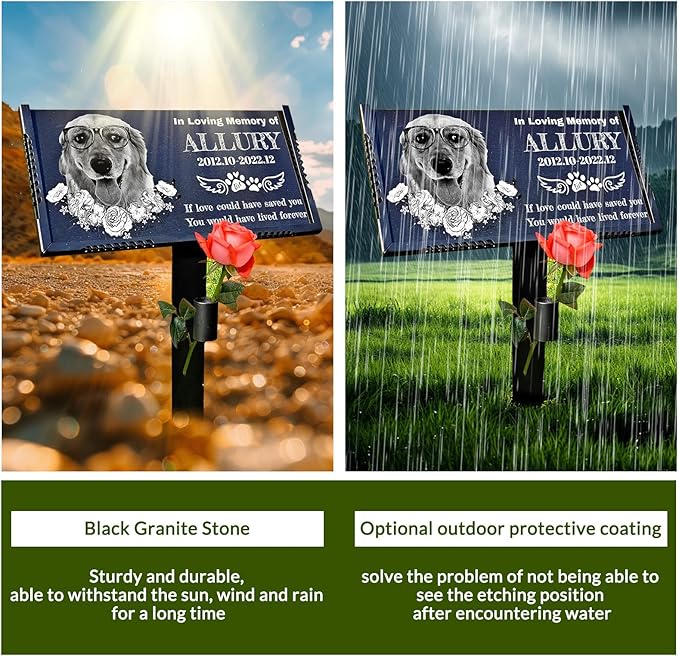 Personalized Pet Memorial Stone, Weatherproof Granite Dog Headstone - Custom Grave Markers for Dogs&Cats Engraved with Photo Name Date,Memorial Stones for Memory Garden