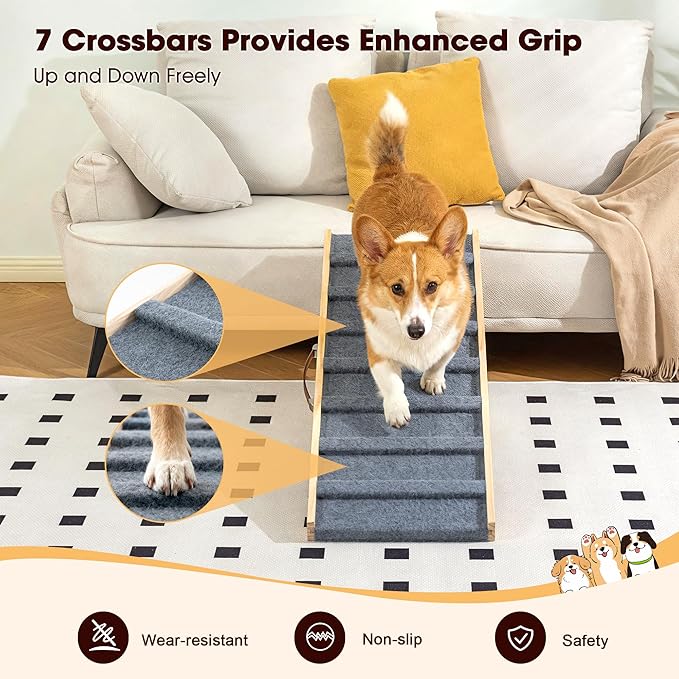 Dog Ramp for Bed, 35.4" Long Wooden Pet Ramp for Small & Large Dogs, 4 Adjustable Heights 11.8" to 22" with Anti-Slip Carpet & Carrying Handle Holds, Portable Dog ramps for Car, Bed, Couch, Outdoor