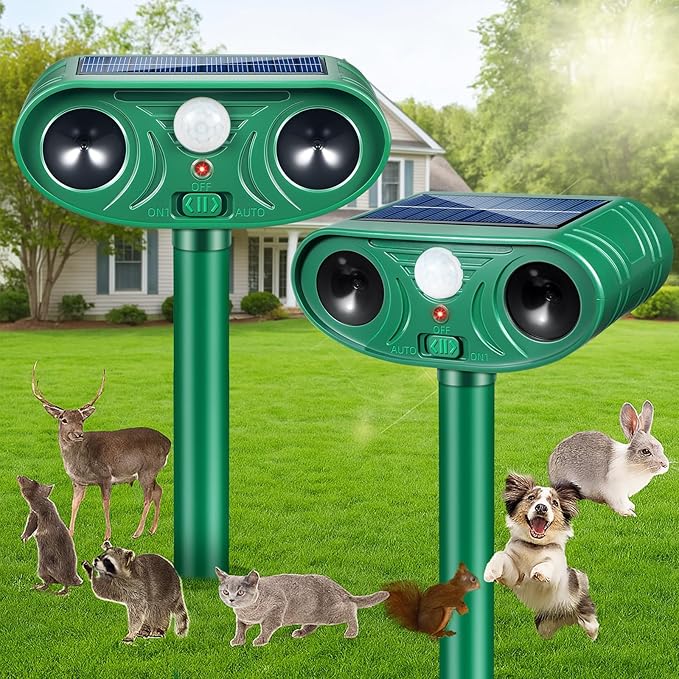 2 Pack Solar Ultrasonic Animal Repeller Outdoor with Motion Sensor Deer Repellent Devices for Squirrel Repellent Cat Rabbit Skunk Coyote Raccoon Repellent Outdoor Fox Deterrent for Yard