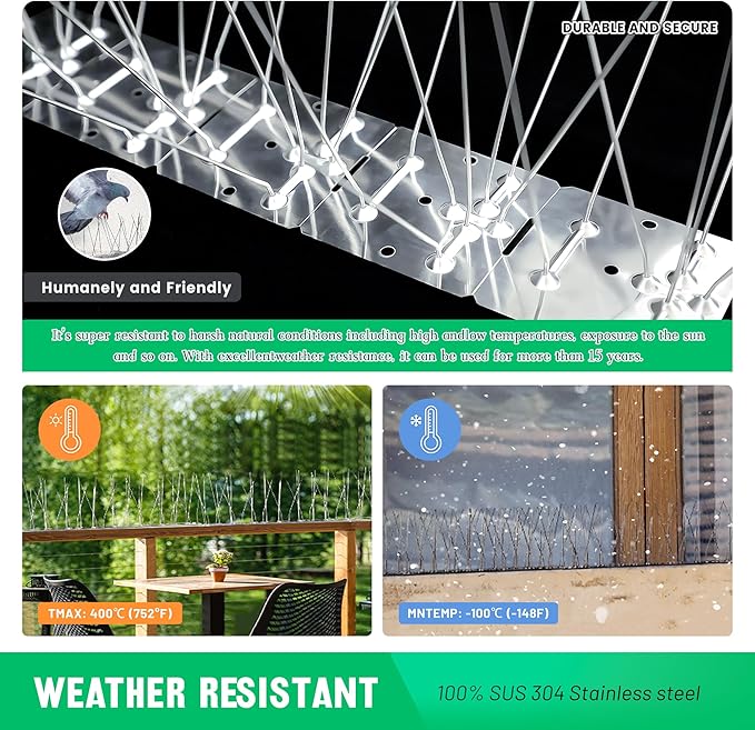 Bird Spikes Stainless Steel Bird Spikes Pigeon Spikes for Outside to Keep Birds Away with 7.9 Inch Wider Coverage 19.7 Feet Length Disassembled with Stainless Base for Small Bird Fence Roof Blacony
