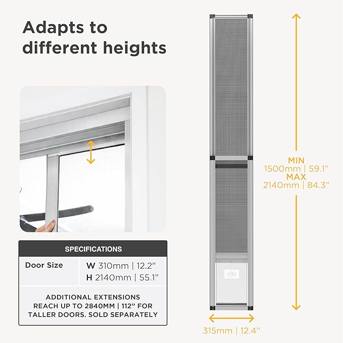 Hakuna Pets V2 Patio Pet Door Screen Insert Panel for Sliding Doors, Fits Door Track Min Ht 59.05" to Max Ht 84.25", UV Resistant Mesh, Magnetic Dog Door, Easy Install and Removal, Medium, Silver