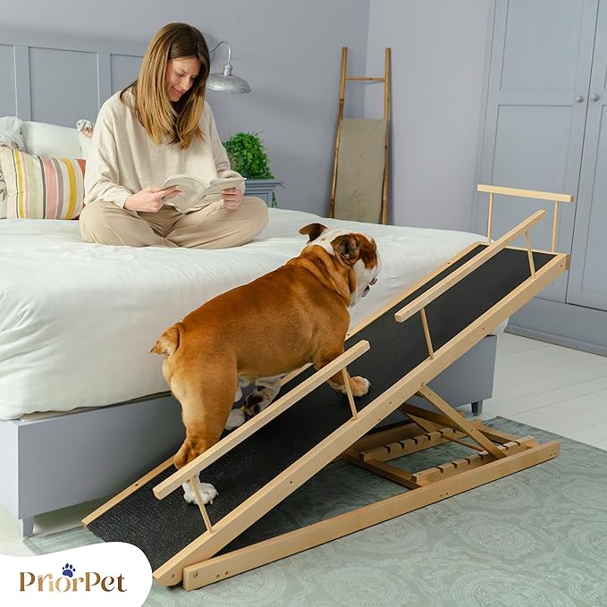 Dog ramp for Bed - PRIORPET Birchwood Adjustable Ramp for Dogs to Get on Bed: Dog ramps for High Beds up to 37 Inches – Foldable Ramp, Anti-Slip Grip & Safety Rails, Small Dogs Up to 120lbs – Natural