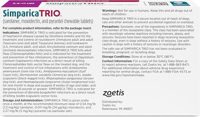 Simparica Trio (sarolaner, moxidectin, and pyrantel chewable Tablets) Chewables for Dogs, 6 mg/tab, 5.6-11 lbs, (Purple), 1 Tablet