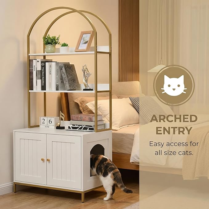 Homhedy Cat Litter Box Enclosure, Litter Box Furniture Hidden with 2-Tier Storage Shelves, Wooden Cat Washroom Furniture with Metal Frame, Modern Style, White and Gold