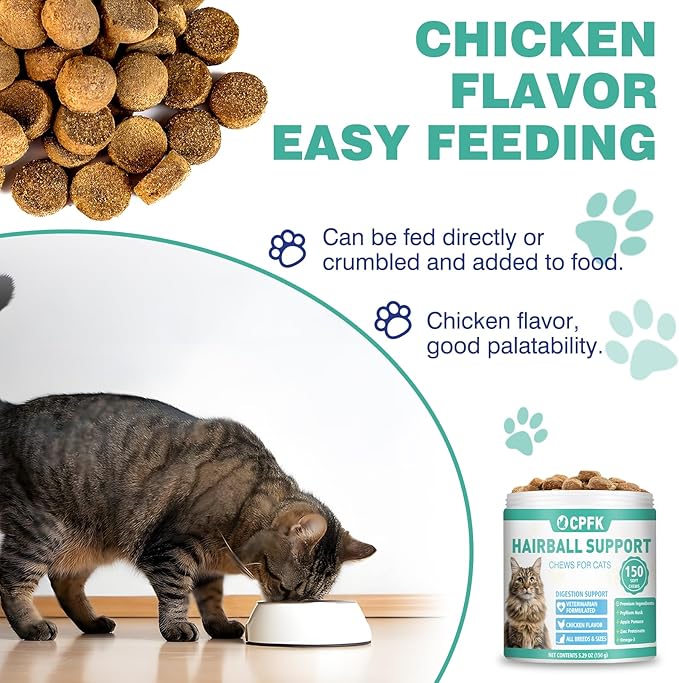 Hairball Remedy Treats for Cats, 150 Soft Chews Furball Control & Relief Treatment for Indoor Cats, Supports Skin & Coat Health Helps Eliminate & Prevent Hairballs Chicken Flavor