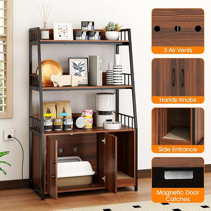 PETSITE Cat Litter Box Enclosure with Storage Shelves, 52 Inches Tall Hidden Litter Box with Charging Station, Scratching Board, and Winding Entry (Walnut)