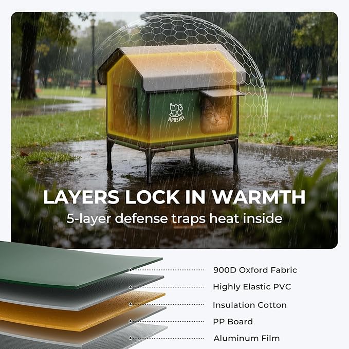 Apasiri Heated Cat House Weatherproof - Insulated Outdoor Cat Shelter with Thermostatic Heating Pad, Water Resistant 900D Oxford Feral Cat House with Anti-Peep Curtains Escape Door for Winter, Large
