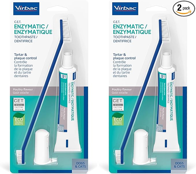 Virbac C.E.T.® Oral Hygiene Kit for Dogs | Poultry-Flavor Toothpaste | Fingerbrush and Pet Toothbrush,(Pack of 2)