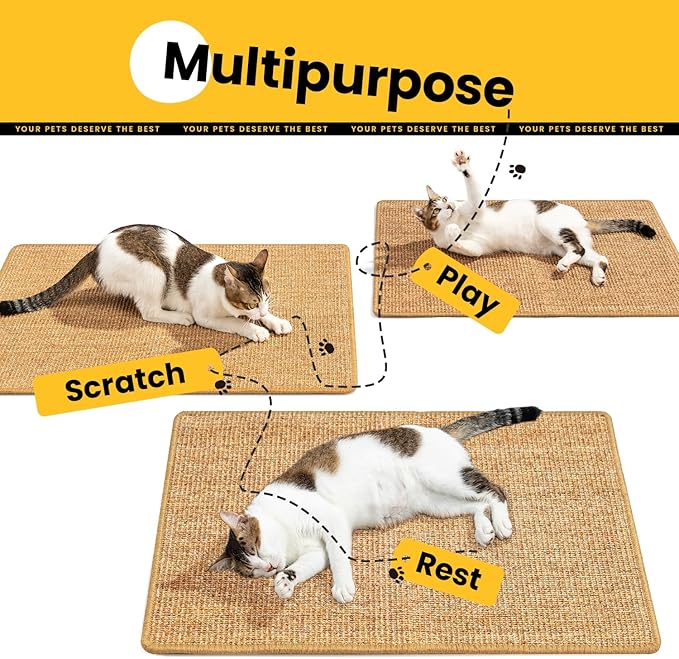 Cat Scratcher Mat,Sisal Cat Scratch Pad with Hook&Loop Tape,Wall Floor Kitten Scratching Pads Rug for Indoor,Furniture Protector for Couch&Carpets&Sofas,Kitty Bithday Gifts,Medium,Brown,2 Pack