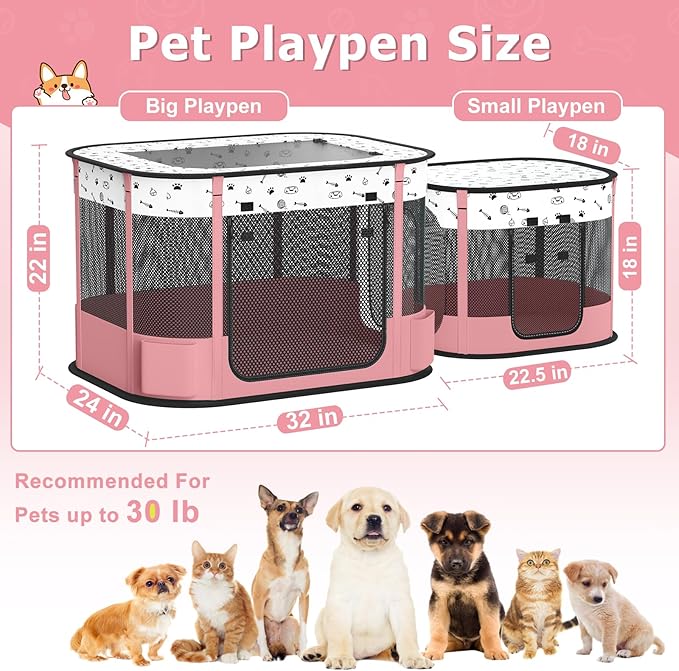 Portable Cat Playpen with litter box area, Foldable Pet Dog Playpen, for Kitten Puppy Play Pen Indoor/Outdoor, Cats Enclosure Cages Tent with Carrying Case, 600D Oxford 8-Rods, 32"x24"x22", Pink