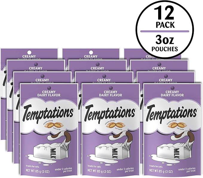 Temptations Cat Treats, Classic Crunchy and Soft Cat Treats, Creamy Dairy Flavor, 3 oz. Pouch (Pack of 12)