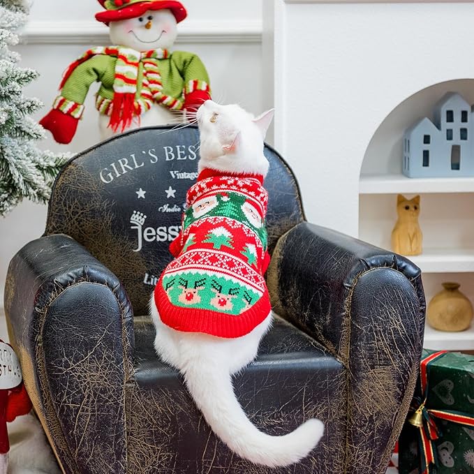 EXPAWLORER Cat Christmas Sweater - Stylish Knitted Christmas Pet Outfit, Soft Clothes for Cats Only, Knitwear Xmas Sweater with Sleeve Warm Apparel, Kitten Clothes for All Cats, Large