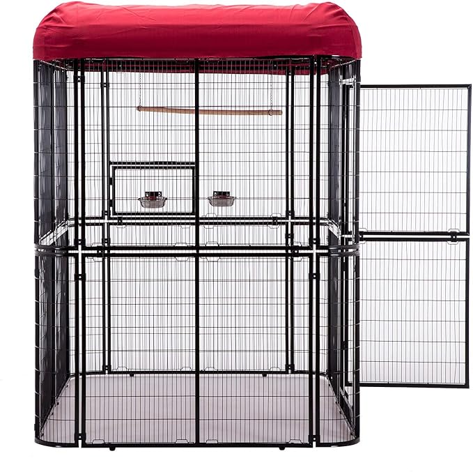 87-Inch Heavy Duty Walk-in Bird Cage with Cover – Large Outdoor Aviary Metal Birdcage with Stand, 7.22x5.25x6.8ft Flight Space for Macaw, Budgie, Conure, Lovebird, Parakeet, Cockatiel