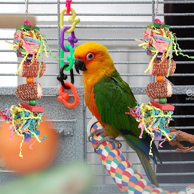 2pcs Bird Toys, Parrot Toys for Parakeets Cockatoos Cockatiels Budgie Conure Macaw Corn Cob Shredding Paper Tearing & Foraging Toy Chewing Hanging Toy Cage Accessories for Small & Medium Birds Pet