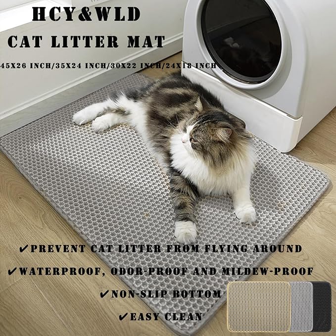 HCY&WLD Cat Litter Mat, 45x26/35x24/30x22/24x18 Inch Double Layer Cat Litter Box Mat, EVA Non-Slip, Waterproof Urine Proof Cat Litter Catcher Mat, Easy Clean Scatter Control (30x22 Inch, Gray)