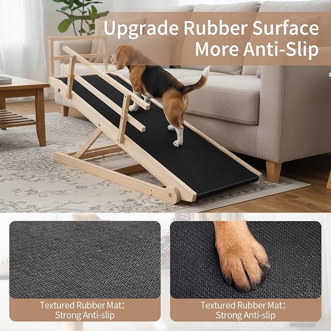SLSY Dog Ramp for Bed, Couch & SUV, Upgraded Folding Adjustable Pet Ramp with Non-Slip Rubber Mat, 45.2" Long, 5 Heights 15.7''–23.6", Portable Wooden Step Supports up to 200 lbs for Pet(Natural)