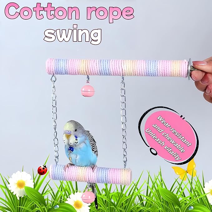 Parrot Swing A Standing Pole, Colorful Cotton Rope Wooden Swing with Metal Chain and Clasp（1Pcs）
