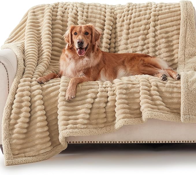Waterproof Dog Blanket for Large Dogs, Washable Soft Puppy Cat Blanket Flannel Cotton Velour for Sofa Couch Protector, Comfort & Security Reversible Bed Protection for Pet, 60"X80", Khaki