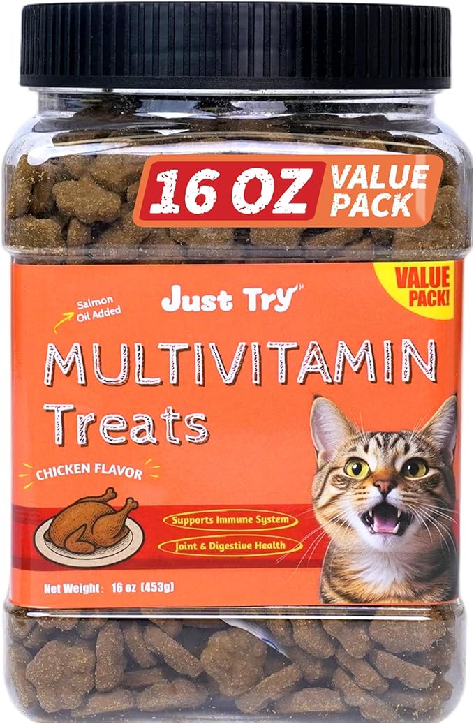 Just Try 16 OZ Daily Vitamins Cat Treats Multivitamin Boost Flavor Healthy Cat Snacks Training Biscuits Health & Energy for Cats