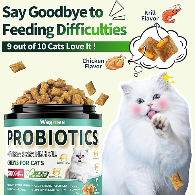 Cat Probiotics Tasty Chews –500 Chews Crunchy & Creamy Texture, Fish Oil Omega-3 Skin & Coat Health Digestive & Gut Support, Constipation Relief, Healthy Stool, Chicken Krill Flavor
