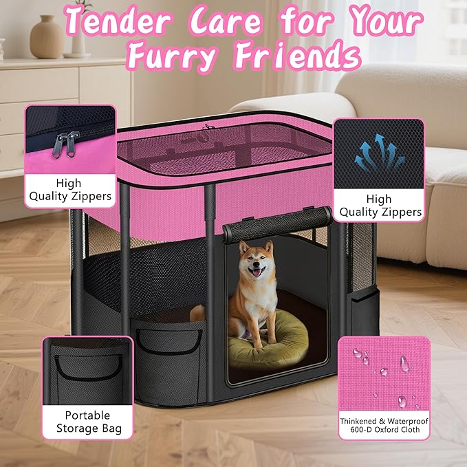Portable Cat Playpen with Separate Areas, 2-in-1 Puppy Playpen & Cats Cage, Foldable Pet Tent for Indoor and Outdoor Use, Collapsible Tent Kennel Cage House(35.4"x27.6"x27.6" Pink & Black)