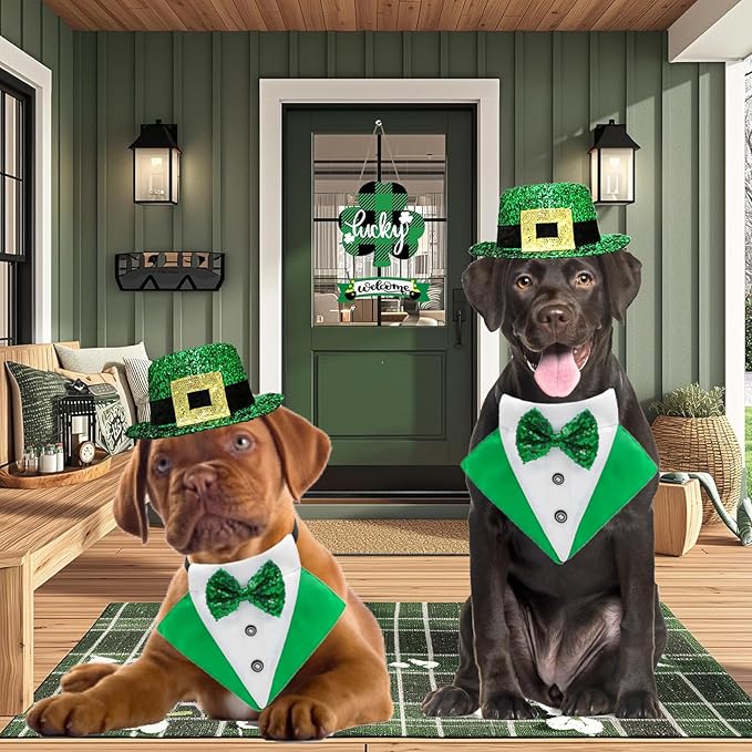 2 PCS St. Patrick's Day Costume Dog Bandana Collar and Pet Top Hat Buckle Green Dog Bow Tie Formal Tux Clothes with D-Ring Irish Tuxedo Saint Patrick Outfits for Dogs Puppy Cat Party Dress (Small)