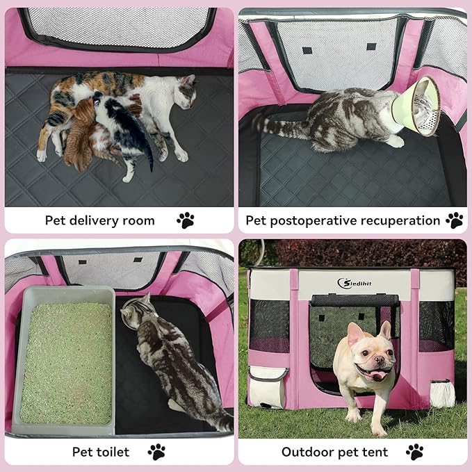 Dog Playpen,Cat Pet Puppy Pen,Portable Playpens for Dogs Indoor Outdoor Travel Camping Use,Foldable Dog Kennel Tent Crate for Rabbit Small Animals with Carrying Case (Pink, Large)