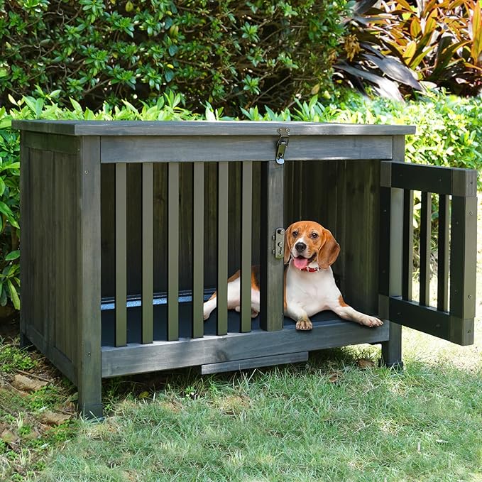 28" Dog Crate Furniture, Fully Assembled Wooden Dog Kennel with Removable Tray, Decorative Pet Crate Dog Cage Indoor Furniture End Table, Portable Pet Cage for Small & Medium Dogs, Black